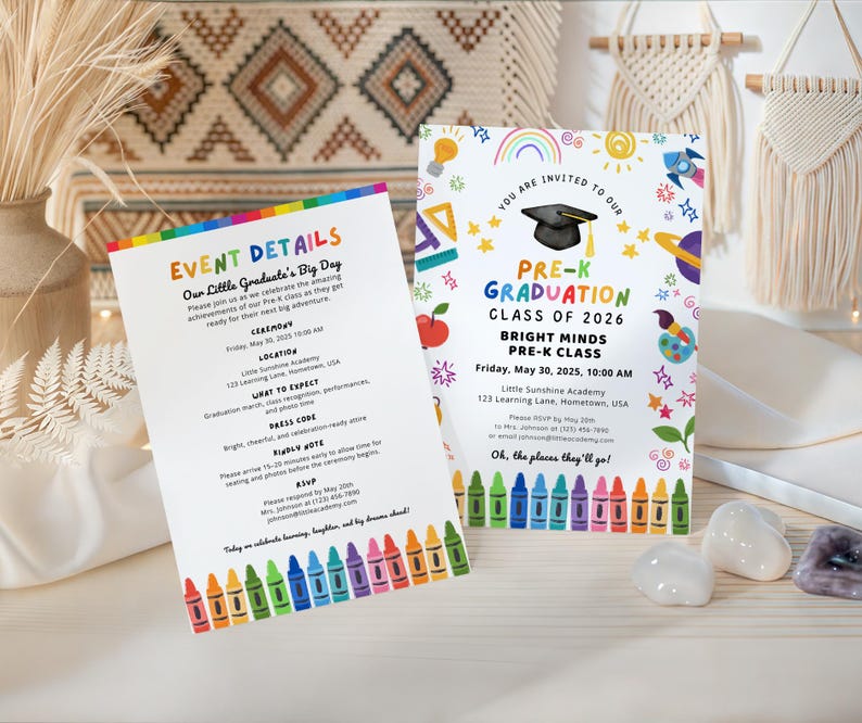 May include: Two graduation announcement cards with crayon borders. One card reads "Event Details" and the other says "Pre-K Graduation Class of 2026." Both cards have a white background with colourful graphics.