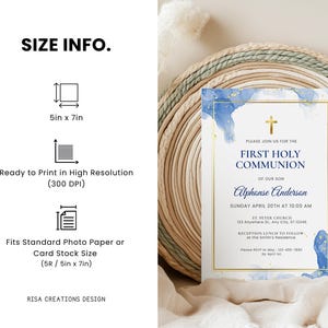 May include: Blue and gold watercolor first communion invitation with a gold cross and the text "Please join us for the First Holy Communion of our son Alphonse Anderson Sunday April 20th at 10:00 AM St. Peter Church 123 Anywhere St, Any City, ST 12345 Reception lunch to follow of the Smith's Residence Please RSVP to May: 123-450-7000 by April 1st"