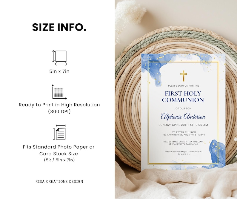 May include: Blue and gold watercolor first communion invitation with a gold cross and the text "Please join us for the First Holy Communion of our son Alphonse Anderson Sunday April 20th at 10:00 AM St. Peter Church 123 Anywhere St, Any City, ST 12345 Reception lunch to follow of the Smith's Residence Please RSVP to May: 123-450-7000 by April 1st"