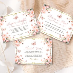 Inserts de cartes bébé en fleurs, livre de tombola de couches de couches florales pour jeu de cartes de remerciement de bébé, modèle sur toile de douche papillon rose fille, BS009
