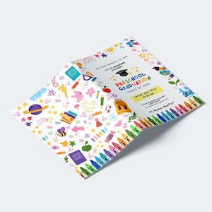 May include: A colorful preschool graduation announcement with the text "Preschool Graduation Class of 2025". The invitation features illustrations of crayons, stars, and other playful elements. The event is scheduled for Friday, May 30th at 10:00 AM.