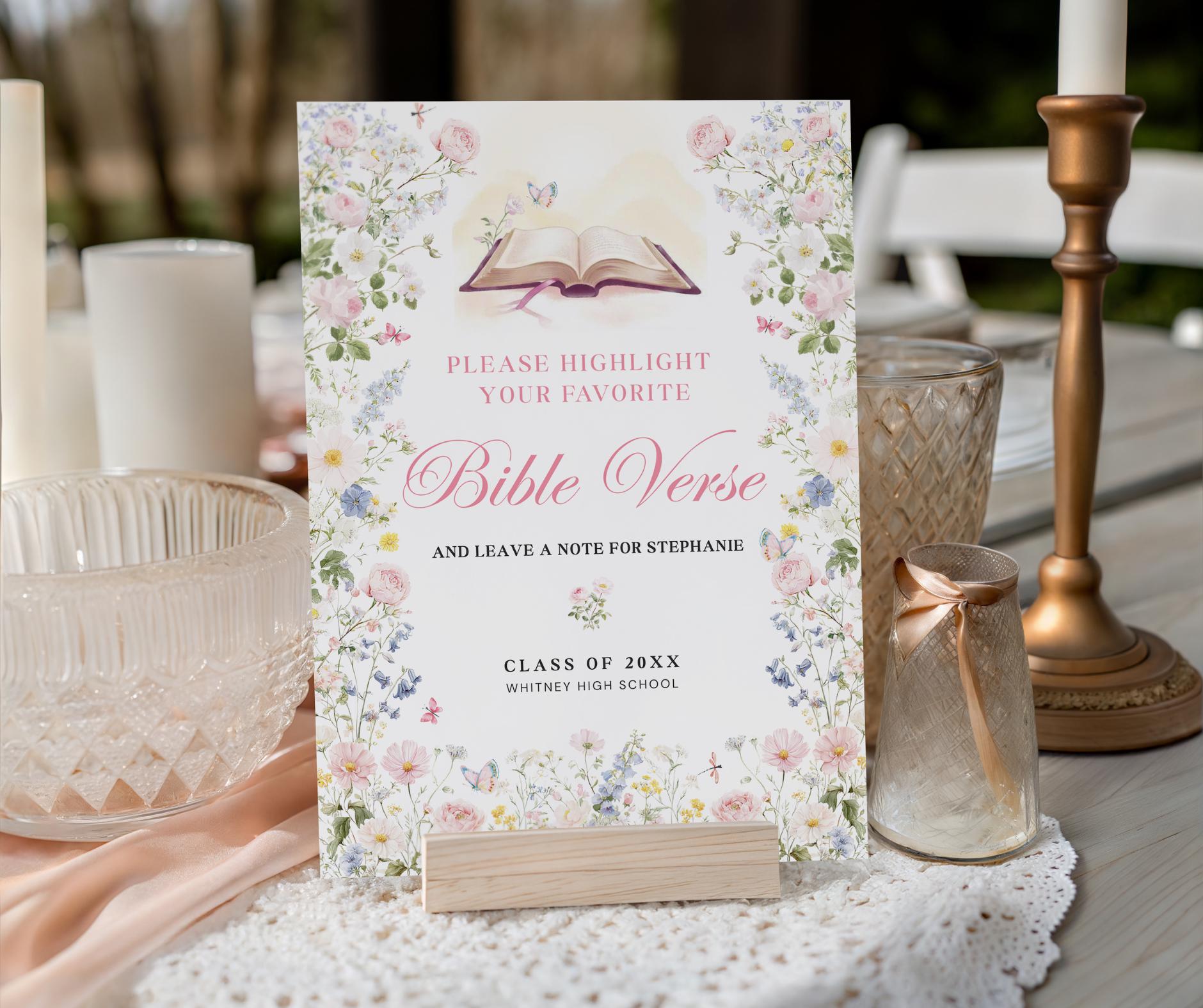 Scripture Labels Graduation Graduation Bible Verse Sign Template, Editable Canva Wildflower Party ...