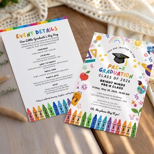 May include: Two white invitations for a Pre-K graduation ceremony. The invitations have colourful borders and text, including "Event Details" and "Pre-K Graduation Class of 2026." The design includes crayons, stars, and a graduation cap.