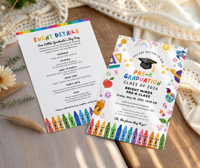 May include: Two white invitations for a Pre-K graduation ceremony. The invitations have colourful borders and text, including "Event Details" and "Pre-K Graduation Class of 2026." The design includes crayons, stars, and a graduation cap.