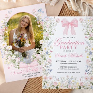 Wildflower graduation invitation and matching photo card with pink bow, printable 5x7 Canva template.