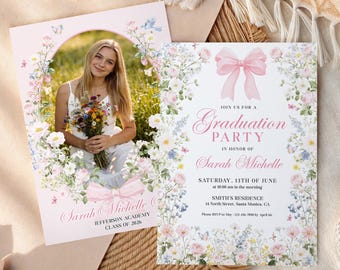 Wildflower Graduation Party Invitation, Editable Canva Coquette Grad Invite, Floral Photo Graduation Announcement, Class of 2026, 5x7 GI012