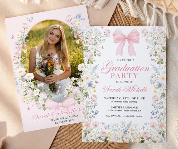 Wildflower Graduation Party Invitation, Editable Canva Coquette Grad Invite, Floral Photo Graduation Announcement, Class of 2026, 5x7 GI012