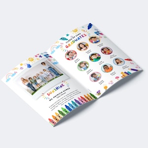 May include: A colorful, open booklet featuring a class photo and individual student portraits. The cover reads "Class of 20XX Graduates" with decorative elements like rainbows, stars, and crayons. The word "Sunshine" is also visible.