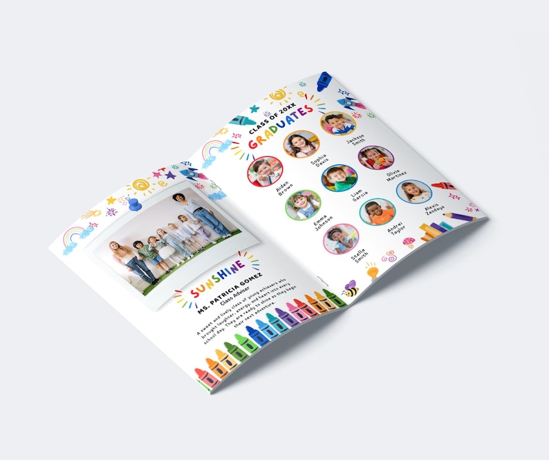 May include: A colorful, open booklet featuring a class photo and individual student portraits. The cover reads "Class of 20XX Graduates" with decorative elements like rainbows, stars, and crayons. The word "Sunshine" is also visible.