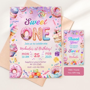Sweet One Geburtstagseinladung - Bearbeitbare erste Geburtstagseinladung, Donut Candy Thema, Mädchen zum 1. Geburtstag Vorlage, druckbare Canva Evite