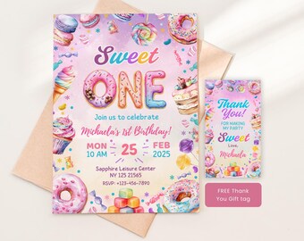 May include: A pink and blue birthday invitation with a donut theme. The invitation says "Sweet One" and includes the date and time of the party. A matching thank you tag says "Thank You! For making my party sweet. Love, Michaela."