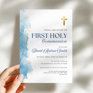 Modèle d'Invitation première communion bleu garçons modifiable aquarelle première communion inviter carte 1ère Communion minimaliste moderne FCI004