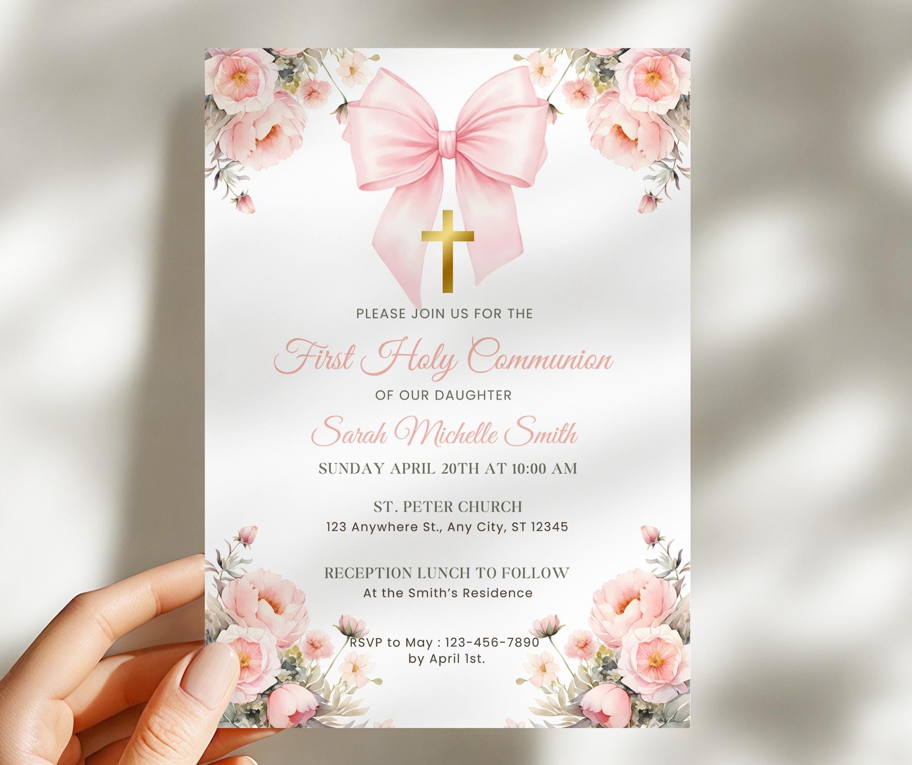 First Holy Communion Invitation Template, Editable Canva, Pink Floral ...
