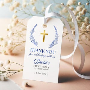 Etichetta bomboniera prima comunione blu ragazzo, modello di etichetta di ringraziamento con croce dorata, etichetta regalo religiosa cattolica, etichetta per biglietti stampabile, modificabile, FCI006