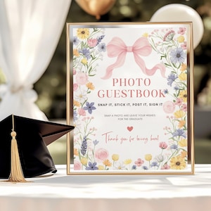 Pink Bow Graduation Guestbook Sign, Wildflower Photo Guest Book Table Sign, Editable Class of 2025 Grad Party Polaroid Sign GI008