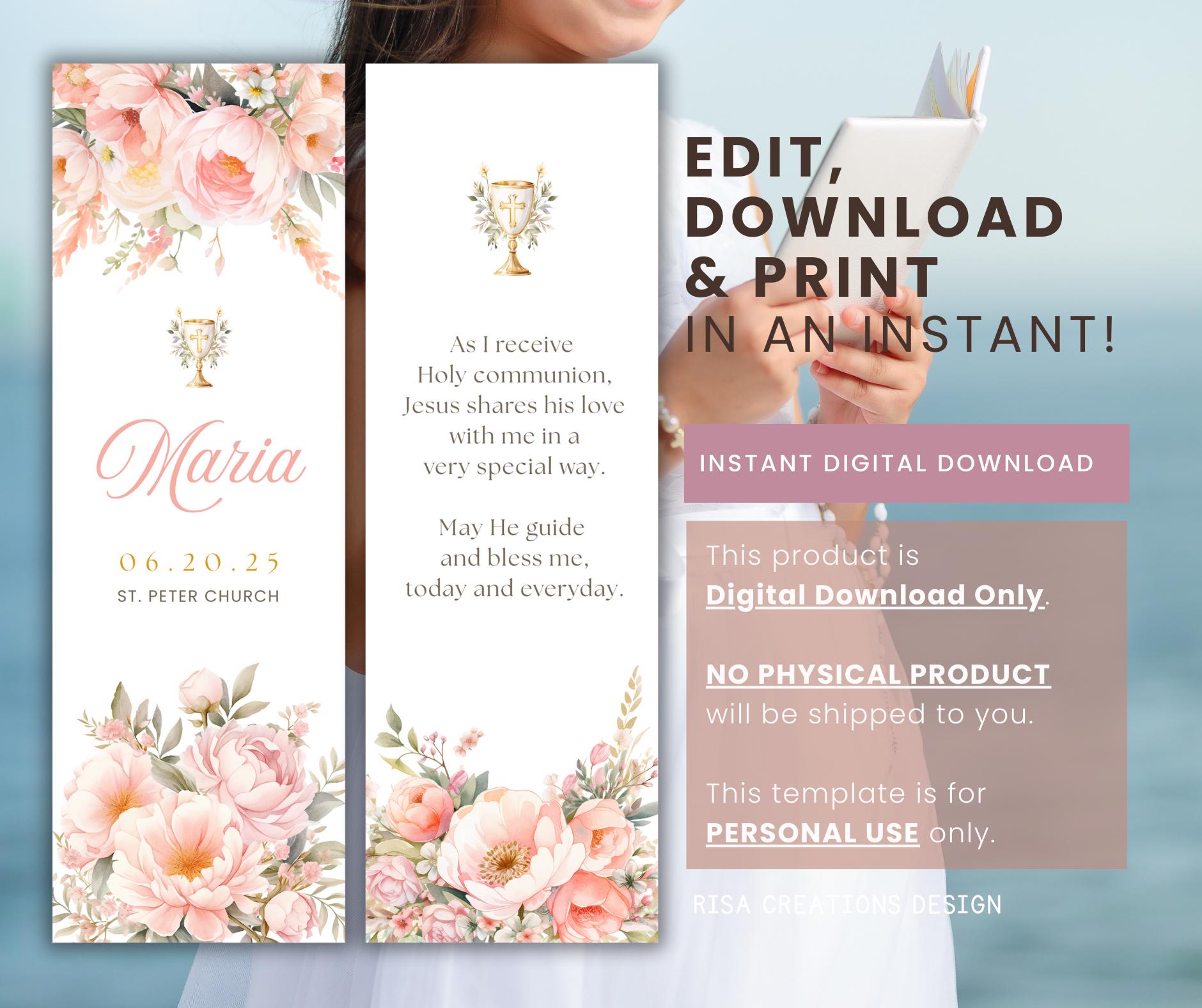 First Holy Communion Bookmark Template, Editable Canva Bookmark, Floral ...