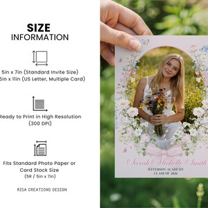May include: A graduation announcement card held by a hand, featuring a photo of a young woman holding flowers. The card is framed with floral elements and includes the text "Sarah Michelle Smith, Jefferson Academy, Class of 2026". Size information is also included.