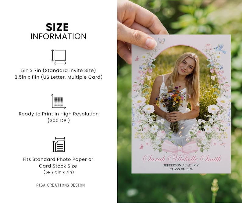 May include: A graduation announcement card held by a hand, featuring a photo of a young woman holding flowers. The card is framed with floral elements and includes the text "Sarah Michelle Smith, Jefferson Academy, Class of 2026". Size information is also included.