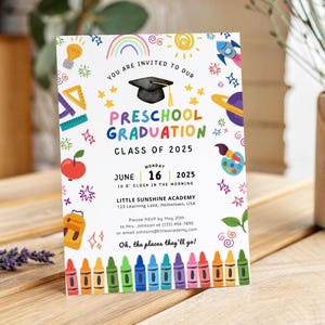 Faire-part de remise des diplômes de maternelle, faire-part de fin d'études préscolaire modifiable, Evite GI009, cérémonie de remise des diplômes de la promotion 2025