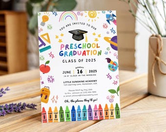 May include: A colorful invitation for a preschool graduation ceremony. The invitation features a graduation cap, a rainbow, a rocket, a paintbrush, a backpack, a ruler, a star, a sun, and a planet. The text on the invitation reads "You are invited to our Preschool Graduation Class of 2025" and "June 16, 2025 10 o'clock in the morning Little Sunshine Academy 123 Learning Lane, Hometown, USA".