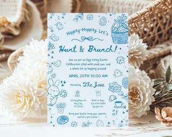 Easter Egg Hunt Invitation, Easter Brunch Party Invite, Printable Spring Floral Whimsical Bunny Card, Scribble Easter Invitation Hand Drawn