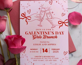 Galentine s Day Invitation Template, Galentines Girls Night or Brunch Party Invite, Pink and Red Bow for Valentine&#39;s or Galentine&#39;s Day