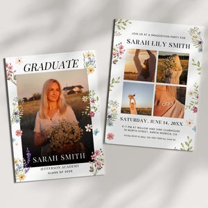 Invito fotografico per laurea con fiori di campo, modello modificabile per festa di laurea floreale, annuncio Boho della classe del 2025, invito stampabile Canva