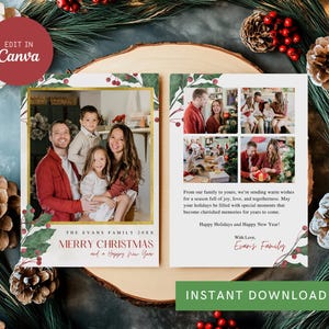 Modello di biglietto fotografico di Natale modificabile con riepilogo dell'anno, newsletter per le vacanze, biglietto di auguri per le vacanze in famiglia stampabile, download di Canva