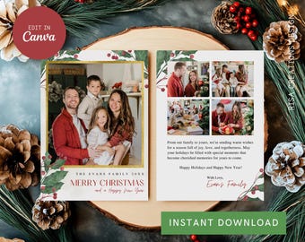 Modello di biglietto fotografico di Natale modificabile con riepilogo dell'anno, newsletter per le vacanze, biglietto di auguri per le vacanze in famiglia stampabile, download di Canva