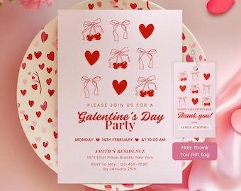 Galentine&#39;s Day Invitation, Editable Valentine&#39;s Party Text Invite, Girls Night Invitation, Doodle Hand Drawn Coquette Canva Template