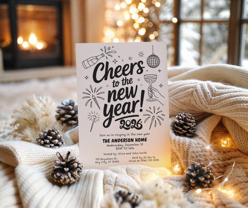 May include: A white New Year's invitation card with black text and illustrations. The card reads "Cheers to the new year! 2026" with details for a party at The Anderson Home. The card is surrounded by pinecones and a cozy blanket.