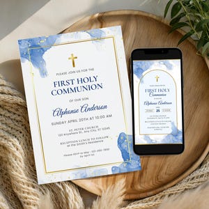 Blue First Communion Invitation for Boys, Modern Minimalist Holy Communion, 1st Communion Invite Editable Canva Template Card FCI007 image 9