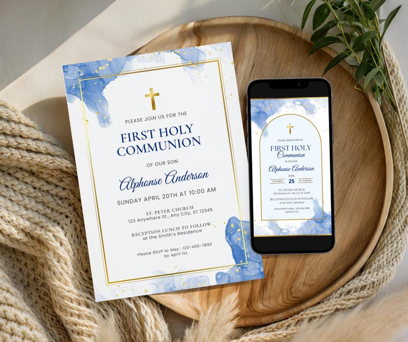 Blue First Communion Invitation for Boys, Modern Minimalist Holy Communion, 1st Communion Invite Editable Canva Template Card FCI007 image 9
