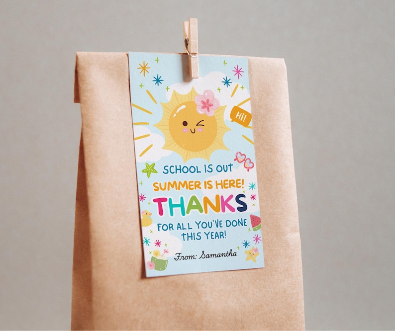 School is out summer thank you gift tag template with cute sunshine design attached to a brown paper gift bag