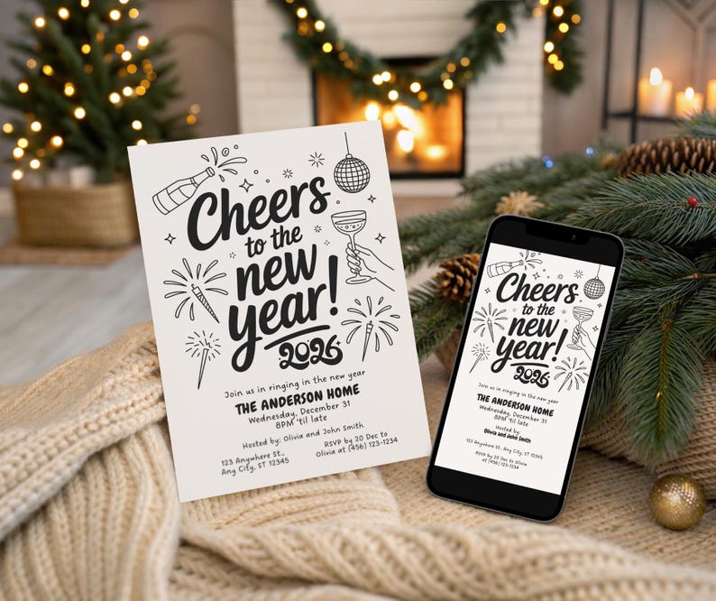 Black and white Cheers to the New Year 2026 printable invitation mockup