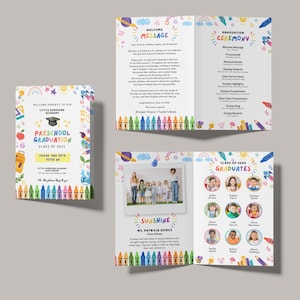 May include: A colorful preschool graduation announcement and program. The announcement features the text "Preschool Graduation Class of 2025" with a crayon border. The program includes a welcome message, ceremony details, and graduate photos.