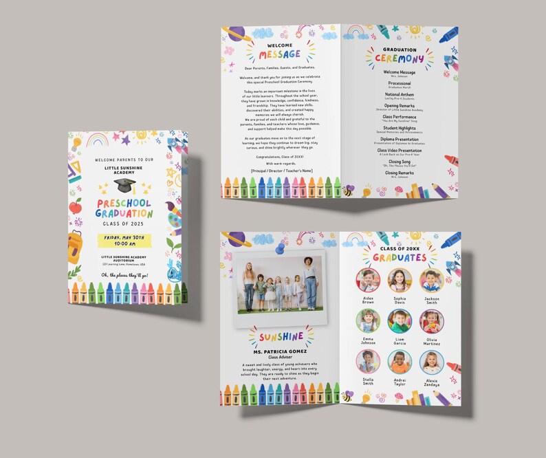 May include: A colorful preschool graduation announcement and program. The announcement features the text "Preschool Graduation Class of 2025" with a crayon border. The program includes a welcome message, ceremony details, and graduate photos.