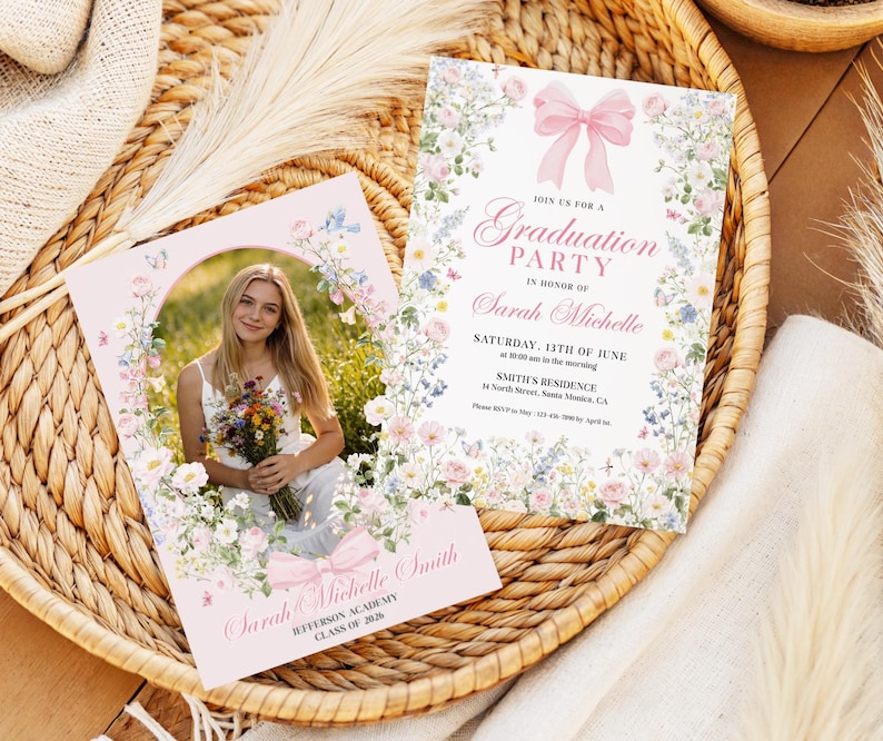 Wildflower Graduation Party Invitation, Editable Canva Coquette Grad Invite, Floral Photo Graduation Announcement, Class of 2026, 5x7 GI012 image 5