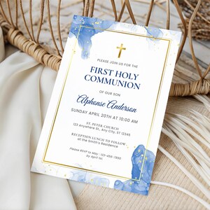 May include: Blue and gold watercolor first communion invitation with a gold cross and the text "Please join us for the First Holy Communion of our son Alphonse Anderson Sunday April 20th at 10:00 AM St. Peter Church 123 Anywhere St., Any City, ST 12345 Reception Lunch to Follow at the Smith's Residence Please RSVP to May: 123-456-7890 by April 1st."