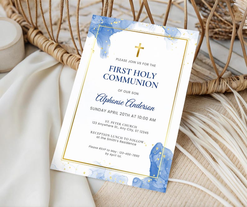May include: Blue and gold watercolor first communion invitation with a gold cross and the text "Please join us for the First Holy Communion of our son Alphonse Anderson Sunday April 20th at 10:00 AM St. Peter Church 123 Anywhere St., Any City, ST 12345 Reception Lunch to Follow at the Smith's Residence Please RSVP to May: 123-456-7890 by April 1st."