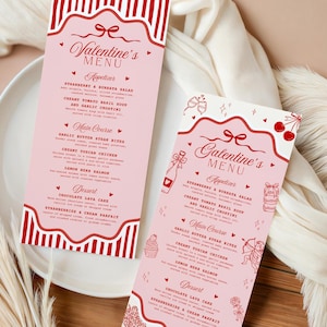 May include: Two pink Valentine's Day menus with red accents and text. The menus are on a white plate with a white cloth in the background. The menus have a bow design at the top and list appetizers, main courses, and desserts.