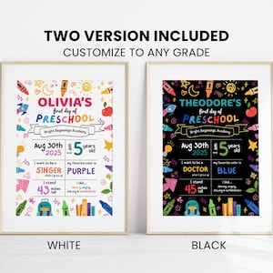 以下が含まれることがあります： 2つの額入り幼稚園初日サイン。1つは白、もう1つは黒。白いサインには「オリビア」という名前が、黒いサインには「セオドア」という名前が記載されています。どちらのサインにも、日付、年齢、身長、好きな色が含まれています。