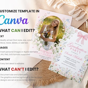 May include: Two graduation party invitations with floral and bow details. One features a photo of a woman holding flowers. The other has the text "Graduation Party" and event details. The Canva logo is visible.