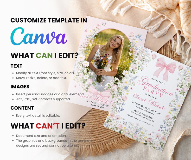 May include: Two graduation party invitations with floral and bow details. One features a photo of a woman holding flowers. The other has the text "Graduation Party" and event details. The Canva logo is visible.
