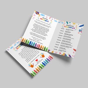 May include: A graduation ceremony program with colorful crayon and handprint illustrations. The program includes a welcome message, graduation ceremony schedule, and a message to graduates. The design is bright and cheerful.