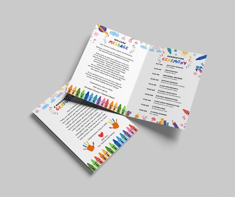 May include: A graduation ceremony program with colorful crayon and handprint illustrations. The program includes a welcome message, graduation ceremony schedule, and a message to graduates. The design is bright and cheerful.