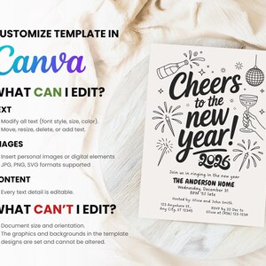 May include: A New Year's invitation template with the text "Cheers to the new year! 2026" in black on an off-white background. The design includes fireworks, a champagne bottle, and a disco ball. The template is customizable in Canva.