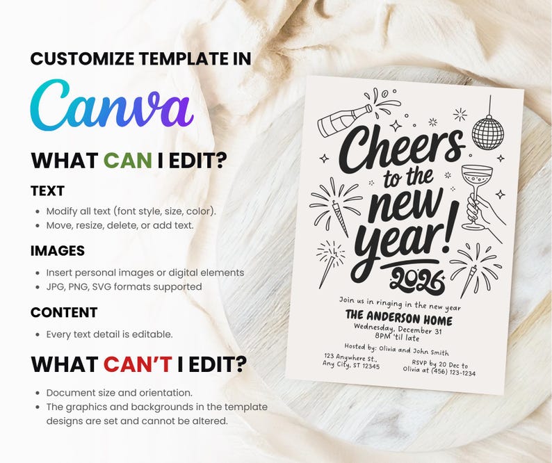 May include: A New Year's invitation template with the text "Cheers to the new year! 2026" in black on an off-white background. The design includes fireworks, a champagne bottle, and a disco ball. The template is customizable in Canva.