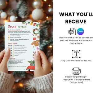 K&ouml;nnte beinhalten: Eine Weihnachtskarte mit Veranstaltungsdetails. Die Karte zeigt festliche Illustrationen eines Kranzes, eines Lebkuchenmannes und eines Autos mit einem Weihnachtsbaum. Der Text enth&auml;lt Veranstaltungsdetails und einen Zeitplan.
