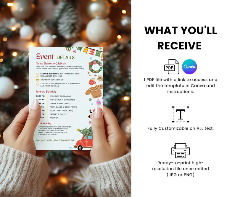 K&ouml;nnte beinhalten: Eine Weihnachtskarte mit Veranstaltungsdetails. Die Karte zeigt festliche Illustrationen eines Kranzes, eines Lebkuchenmannes und eines Autos mit einem Weihnachtsbaum. Der Text enth&auml;lt Veranstaltungsdetails und einen Zeitplan.